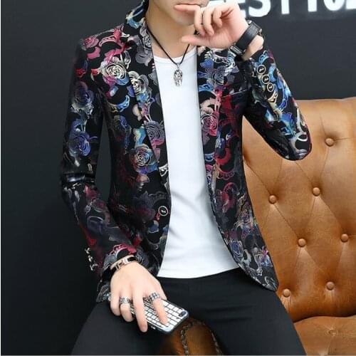 Sharp Print Prom Suit Jacket Mens One Button Blazer 2020 Autumn Sllim Fit Blazer Mascculino Gold Blue Red Print Blazer Male