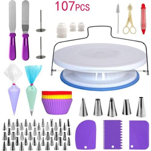 107pc Cake Decorating Tools Kit Cake Turntable Pastry Spatulas Nozzle For Cream Tube Kitchen Baking Fondant Cake Tool Set