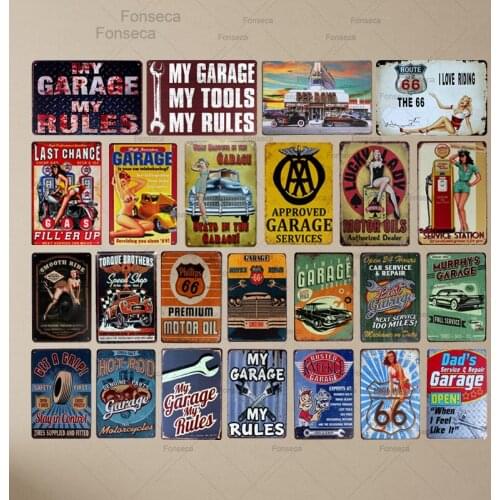 Garage Rules Plaques Full Service Vintage Decorative Plates Motorcycle Metal Signs Home Car Club Garage Wall Decor