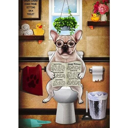 Toilet Close Stool Dog Reading Newspaper 5D Diy Diamond Painting Mosaic Full Square Drill Diamond Embroidery BathroomZP-4863