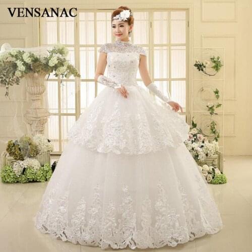 VENSANAC 2018 Crystal High Neck Tiered Lace Appliques Ball Gown Wedding Dresses Sequined Short Sleeve Backless Bridal Dress