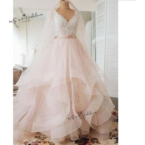 Blush Pink Vintage Wedding Dress 2020 Ruffles Tulle Princess Wedding Gowns Lace Spring Bridal Dresses Mariage Vestido de Noivas