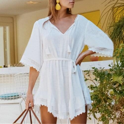 ZAFILLE Beach Dress Summer Lace Swimsuit Cover Up Beach Women Bikini Cover Up Womens Tunic Pareo Beach Cover Up Wrap Dress