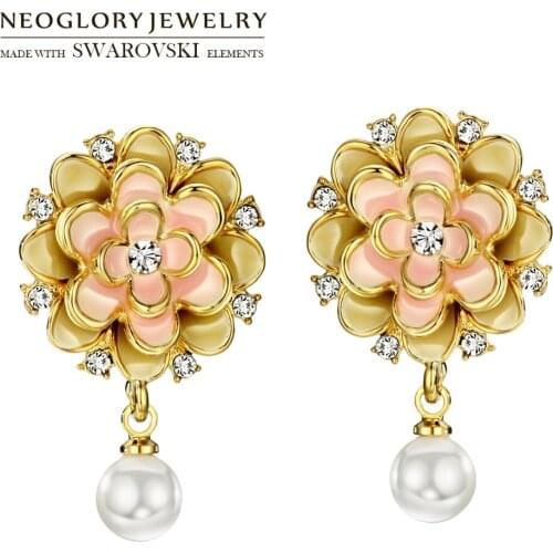 Neoglory Auden Rhinestone & Simulated Pearl & Enamel Drop Dangle Earrings Cute Flower Design Women Fashion Party Classic Gift