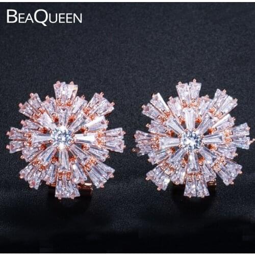 BeaQueen Trapezoid Cubic Zirconia Big Snowflake Flower Stud Earrings Rose Gold Color Sparkly Wedding Jewelry for Women E059