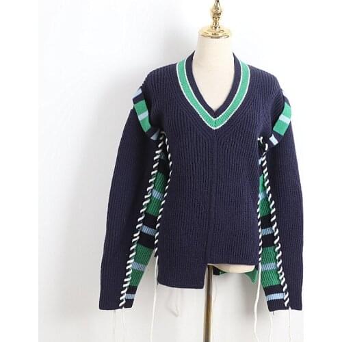 High Street Casual Irregular V-Neck College Sweater Women Loose Lazy Fashion Tassel Tether Contrast Green Striped Pullover Coat