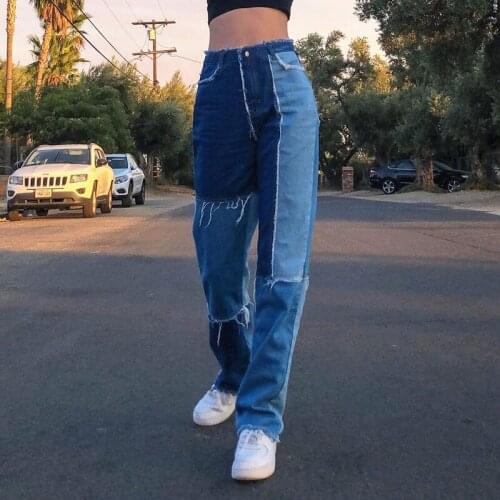 Female Panelled Patchwork Jeans, Women’ s High Waist Close-Fitting Pants Straight-Leg Denim Pants for Spring Autumn, Blue, S/M/L