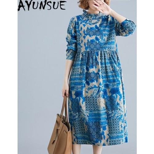 AYUNSUE 2020 Spring Summer Floral Dress Women Vintage Long Sleeve Dress Cotton Linen Beach Boho Dresses Korean Vestidos KJ4650