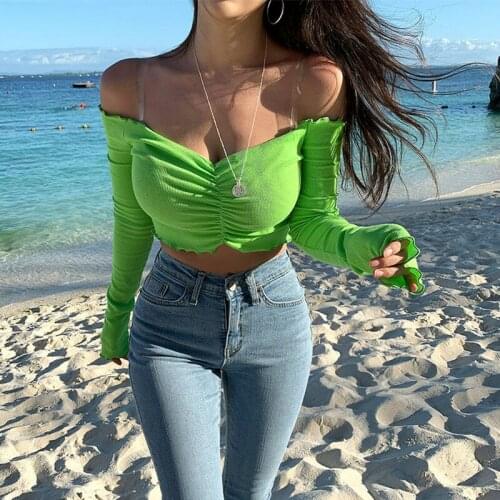 2019 Brand New Slash Neck Long Sleeve T-shirt Fluorescent Color Sexy Crop Top Off Shoulder Women Tops High Street Tee Shirts