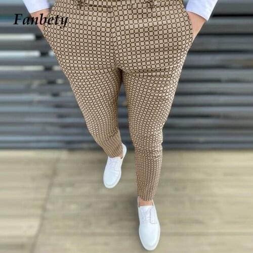 2021 Autumn Winter Fashion Plaid Printed Long Trousers For Male Casual Mid Waist Pants Streetwear Business Mens Slim Pants