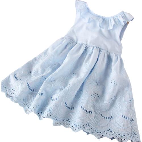 2021 0-6Y Sweet Kids Baby Girls Dress Summer New Blue Solid Ruffle Color Sleeveless Flower Hollow Princess Pleated Dress