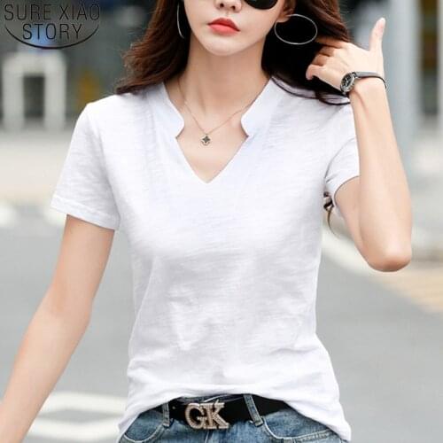 2021 Summer Loose Shirt Cotton Short-sleeved Fashion Women V-neck T-shirt New V-neck Casual Bottom Shirt Lady Female Tops 14184