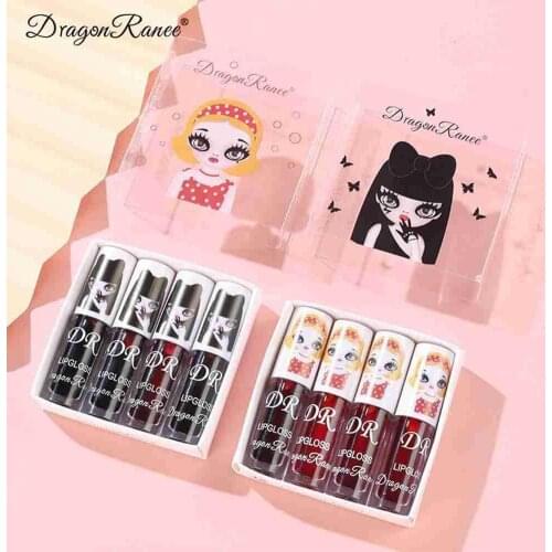 4pcs Set Lip Stain Liquid Lip Glaze Set Lip Dyeing and Liquid,Red Makeup Lips Color,Moisturizing Sweatproof Waterproof A8K9
