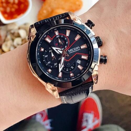 Creative Quartz Mens Watch MEGIR Leather Chronograph Army Waterproof Military Sports Watches Clock For Men Hour Reloj Hombre