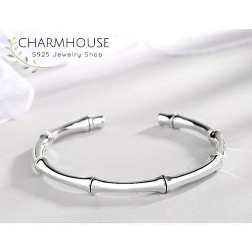Pure Silver Cuff Bangles & Bracelets For Women Bamboo Charm Bracelet Pulseira Femme Wristband 18K Gold GP Wedding Jewelry Gift