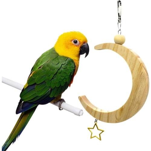 Pet Bird Swing Toys Wood Parakeet Swing Moon Shaped Ring Bird Branch Training Chew for Parrot Perches Hanging Pet Toy