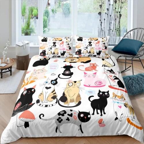 Cartoon Printing Bedding Set 2-3pcs Cute Cat Children Kid Duvet Cover Set Pillowcase Queen King Size Bedclothes Soft Quilt Cover