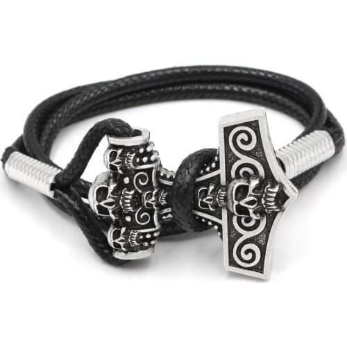 Youeshone Viking Leather Thors Hammer Skull Mjolnir Bracelet- 23cm