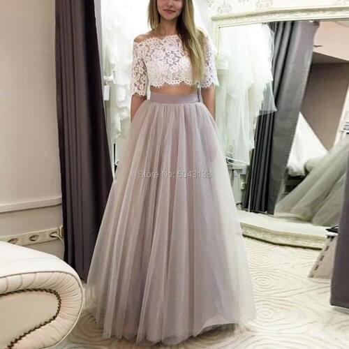 Lace Two Pieces Gray Tulle Wedding Dresses Sexy Crop Top A Line Boat Neck Half Sleeves Wedding Bride Dress Bridal Gowns Formal