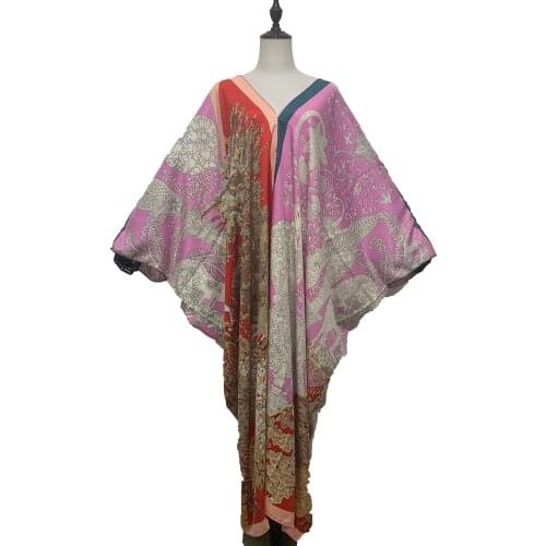 Kuwait 2021 Oversize Sexy V-Neck European Printed Hand roll Silk Bohemian Maxi Dresses Traditional Muslim Abaya Silk Kaftan