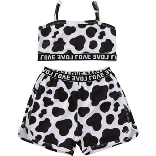 FOCUSNORM 1-6Y Summer Baby Girls Clothes Sets 2pcs Cow Printed Strap Sleeveless Vest Shorts