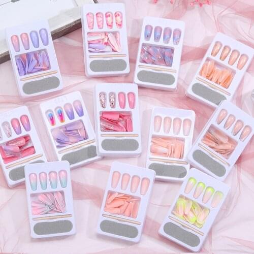 24pcs Long Coffin Fake Nails European Rainbow Ballerina Nail Art Tips Press On Full Cover Detachable False Nails With Nail Glue