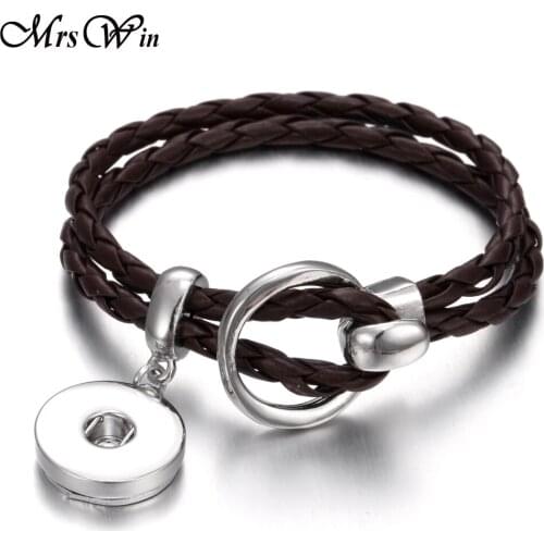 New Leather Snap Button Bracelets Creative Braided Black Leather Bracelet Fit 18mm Snap Buttons Jewelry