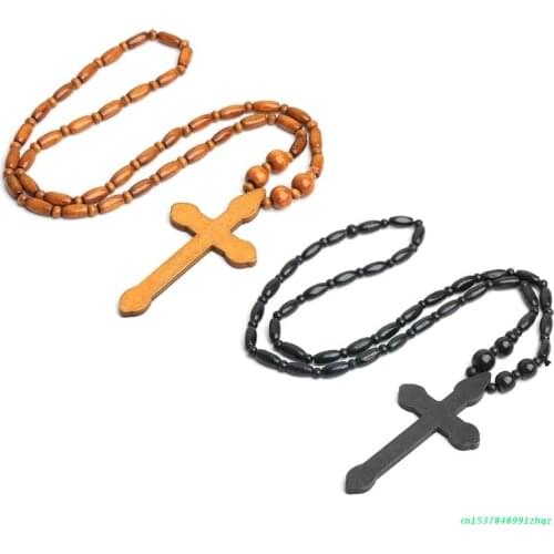 Natural Wooden Bead Jesus Cross Rosary Necklace Carved Rosary Pendant Christian Jewelry Necklace Harajuku Style Punk