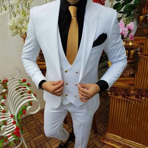 Jacket+Pants+Vest) White Chic Streetwaer 3 Piece Groom Tuexdos For Wedding Formal Prom Suit Party Evening Blazer Custom Made