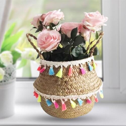 Natural Color Fringed Side seaweed woven basket for plant flowerpot rustic style big vase folding basket flower vases for homes