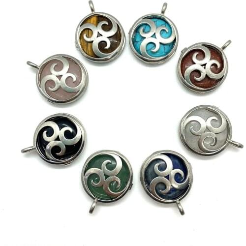 Natural Stone Pendant Pink Crystal Black Agate Gold Sand Stone Opal Moire Shape Hollow Metal Shell DIY Jewelry Making Supplies