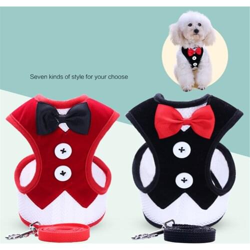 Dog Walking Vest Harness Adjustable Cat Chihuahua Bowknot Mesh Padded Leads Leash Small Pet Necktie Dress Bow Chest Back Strap