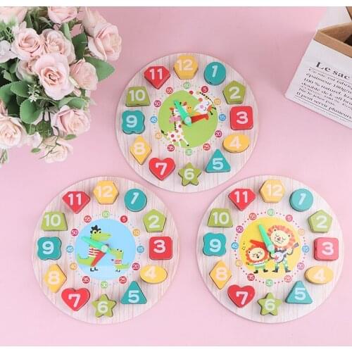 Montessori Cartoon Animal Educational Wooden Beaded Geometry Digital Clock Puzzles Gadgets Matching Clock Toy For Children