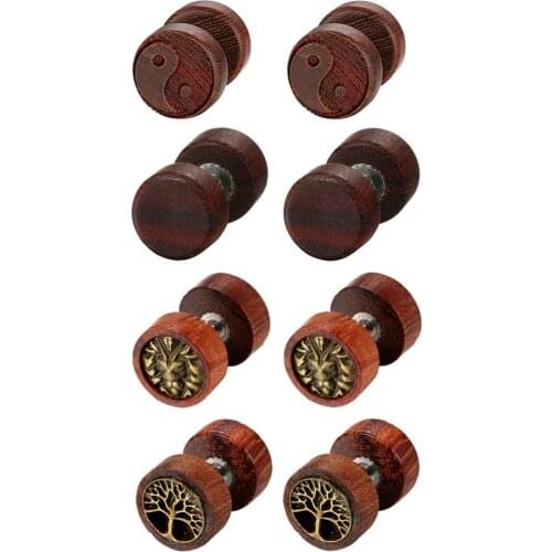 BONISKISS Punk Wood Stud Earrings Double Side Round Earrings For Women Men Vintage Bijoux Unique Design Wood Carving
