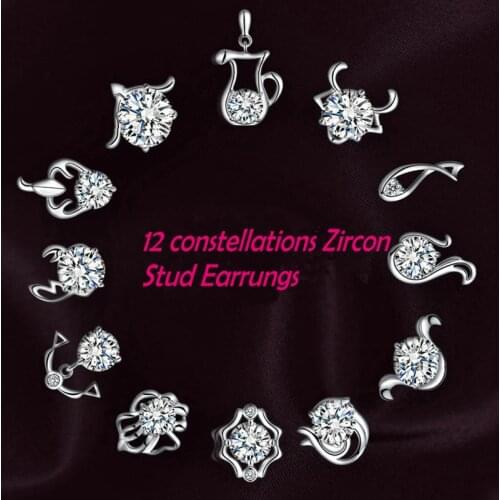Hot Creative New Fashion fine Jewelry SilverColor earrings bijoux zircon 12 constellations stud earrings For Women