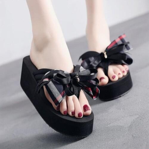 Summer Outdoor Slippers Female Korean Fashion Cute Slope Heel Sandals Temperament All-Match Sweet Campus Style Bow Flip-Flops