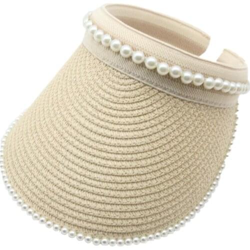 Summer women hats pearl elegant straw handmade sun protection sun hats sun visor white black khaki outdoor beach women sun hats