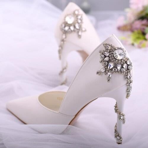 Spring pointed white banquet dress wedding womens singles shoes stiletto rhinestone shallow mouth pointed side empty sandals