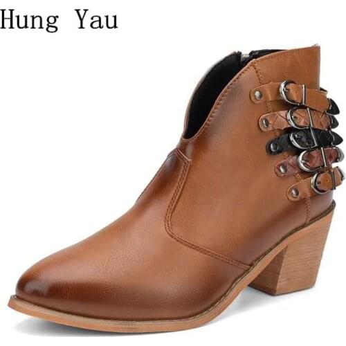 Women Ankle Martin Boots Rivet Autumn Spring Female Casual Shoes High Heels Pumps Fashion Platform Pointed Toe Plus Size 35-43