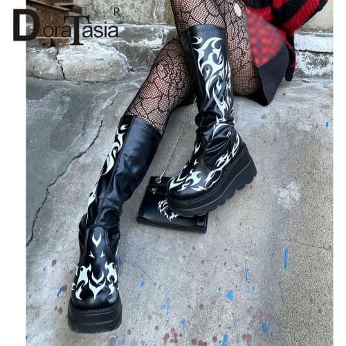 DORATASIA Brand Design Ladies Platform Boots Fashion Print Zip Wedges High Heels Womens Boots Gothic Cosplay Shoes Woman