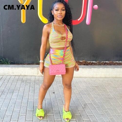CM.YAYA Women Set Print Sleeveless Halter Backless Hole Crop Tops Mini Shorts Two 2 Piece Sets Active Tracksuit Summer Outfits