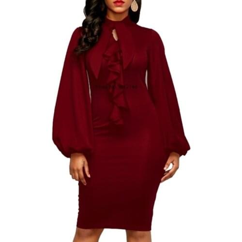Spring Dress Women 2021 Casual Slim Lantern Sleeve Bow Ruffles Office Pencil Bodycon Dresses Vintage Sexy Long Party Dress 2XL