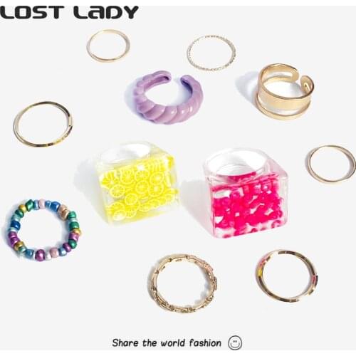 Lost Lady Fashion Adjustable Oil Drop Ring 6-11 Set Colorful Open Cuff Ring Womens Hollow Geometric Chain Finger Jewelry Gift