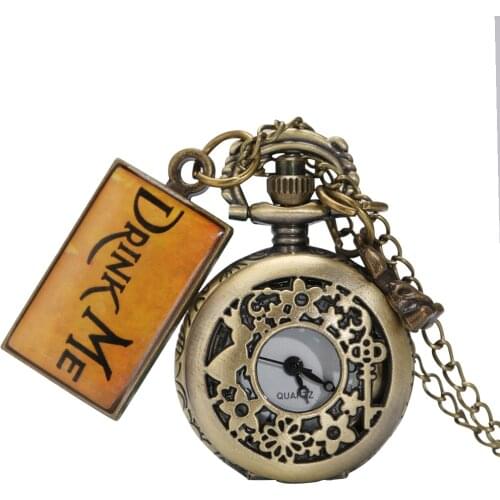 Alice In Wonderland Series Necklace Pendant Quartz Pocket Watch with Drink Me Tag Rabbit Accessory Clock Gifts for Boys Girls