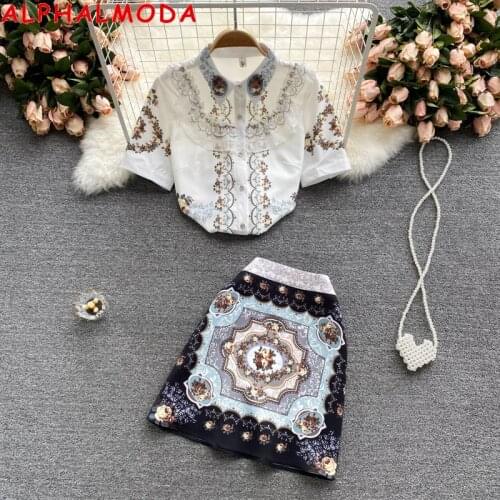 ALPHALMODA 2021 Summer New Vintage Floral Panttern Printe Shirt + Skirt 2pcs Suit Women Celebrity Style Clothes Set