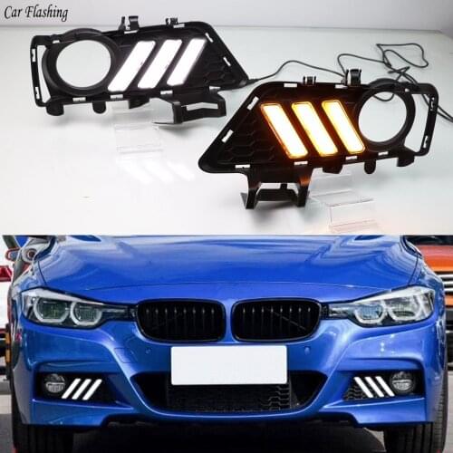 Car flashing 1Pair LED DRL Daytime Running lights Fog lamp driving lights with Yellow Turn Signal For BMW F30 3 Series 2018 2019