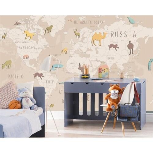 Beibehang Custom large children room background decoration 3D wallpaper hand-drawn cartoon animal world map photo 3D wallpaper