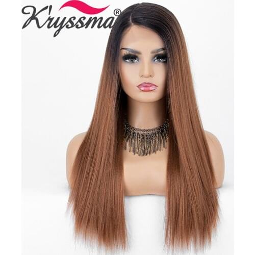 Kryssma Long Straight Brown Wigs for Black Women Dark Roots Ombre Synthetic Lace Front Wigs Natural L Part Cosplay Wig