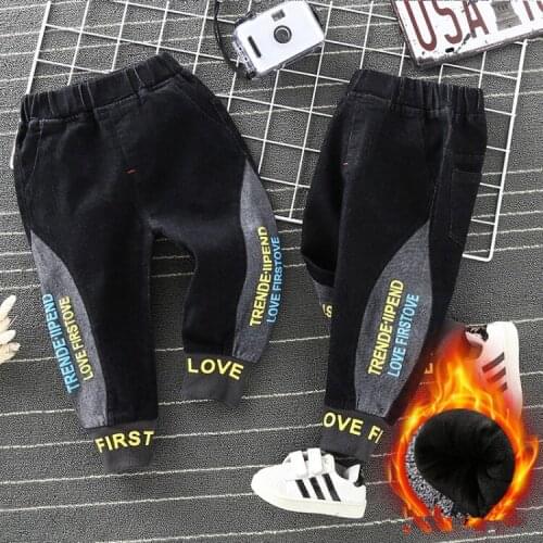 2-8 Y Baby Boys Jeans Winter New Kids Fashion Plus Velvet Warm Trousers Letter Print Stitching Denim Pants For Boys Child Jeans