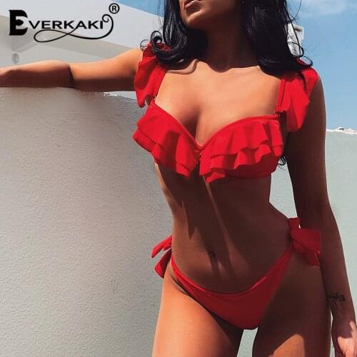 Everkaki Ruffles 2pcs Bikini Sets Women Summer Beach Y2K Sexy Swimsuit Mujer Boho Plus Size Swimwear Bathers Bikini 2021 Biquini